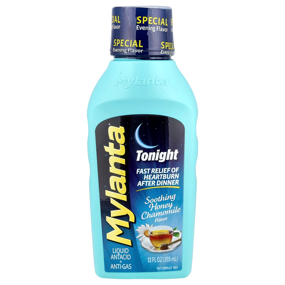 Mylanta, Liquid Antacid + Anti-Gas, Tonight, успокаивающий мед и ромашка, 355 мл (12 жидк. унц.)