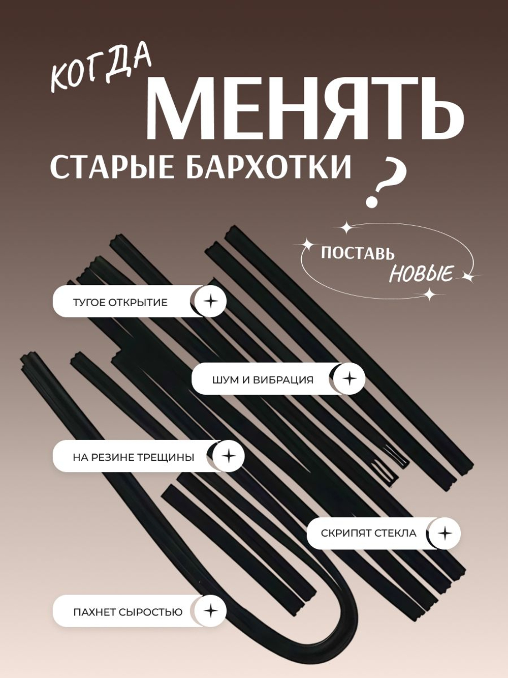 Уплотнители, бархотки опускных стекол подходит для а/м ВАЗ 2104, 2105, 2107 и их модификаций.