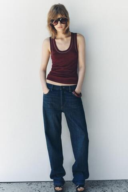 ZARA ОДНОТОННЫЙ ТОП С КОНТРАСТНОЙ ОКАНТОВКОЙ, БОРДОВЫЙ