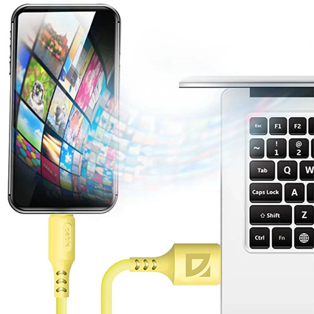 Кабель Defender F207, USB 2.0 (AM) - Apple Lightning (M), 2.4А, жёлтый, 1метр