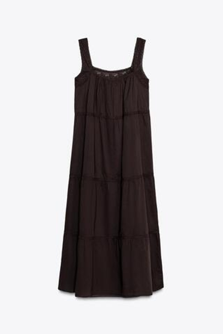 ZARA ПЛАТЬЕ С КРУЖЕВОМ И ВЫШИВКОЙ, КОРИЧНЕВЫЙ