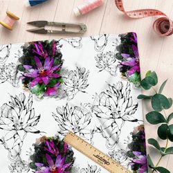 Ткань футер 2-х нитка фиалки с черными контурами