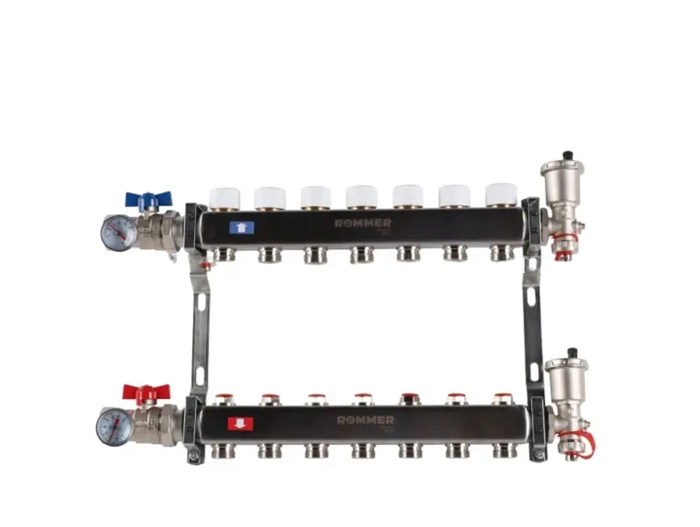 Колекторная группа для отопления из нержавеющей стали Rommer 1* х 3/4* - 7 выходов (в сборе без расходомеров)