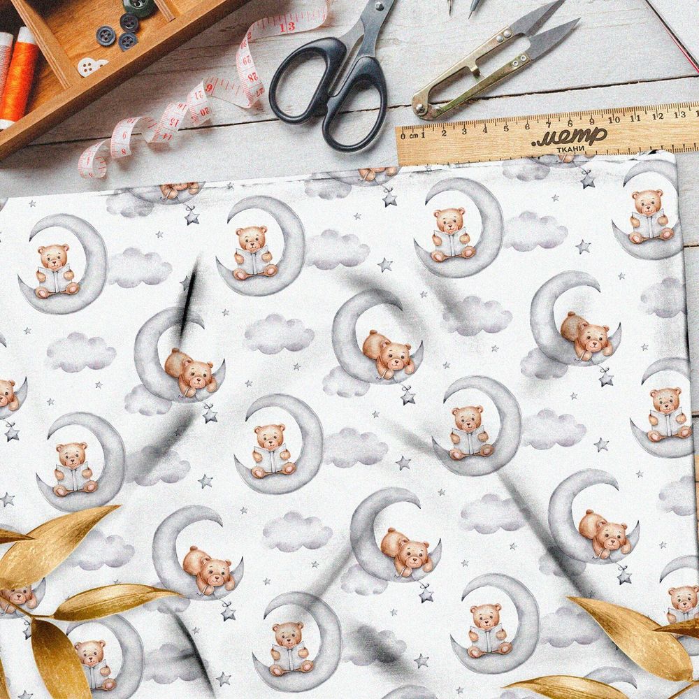 Ткань футер 2-х нитка медвежонок на полумесяце