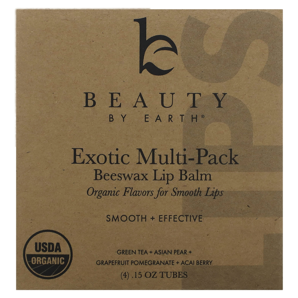 Beauty By Earth, органический бальзам для губ с пчелиным воском, экзотический мультивитаминный комплекс, 4 тюбика по 0,15 унции