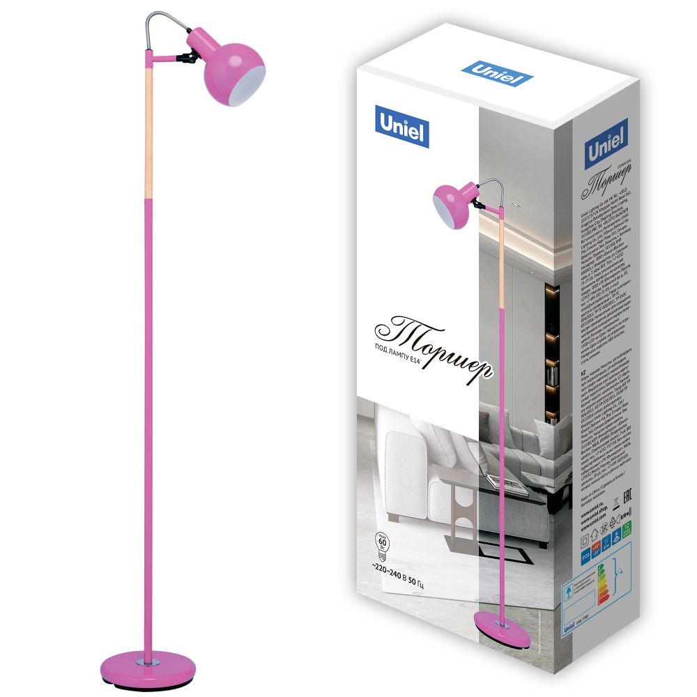 UML-T702 E14 PINK Торшер напольный под лампу Е14. 60W. с регулировкой наклона. Механический выключатель. Розовый. ТМ Uniel