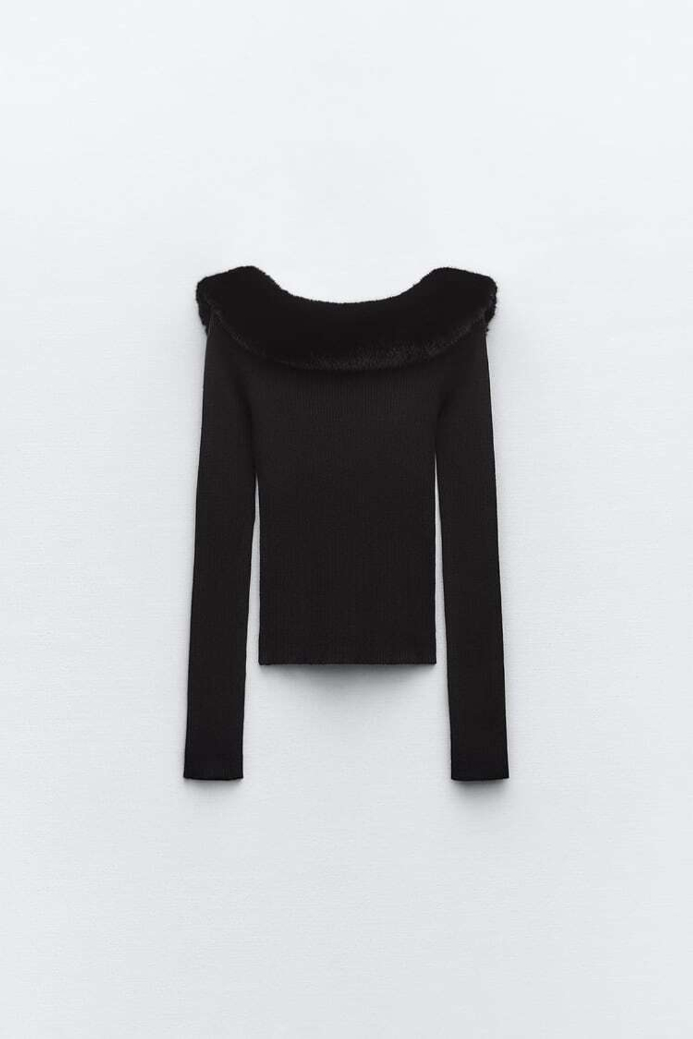 ZARA СВИТЕР С ВОРОТНИКОМ ИЗ ИСКУССТВЕННОГО МЕХА, ЧЕРНЫЙ