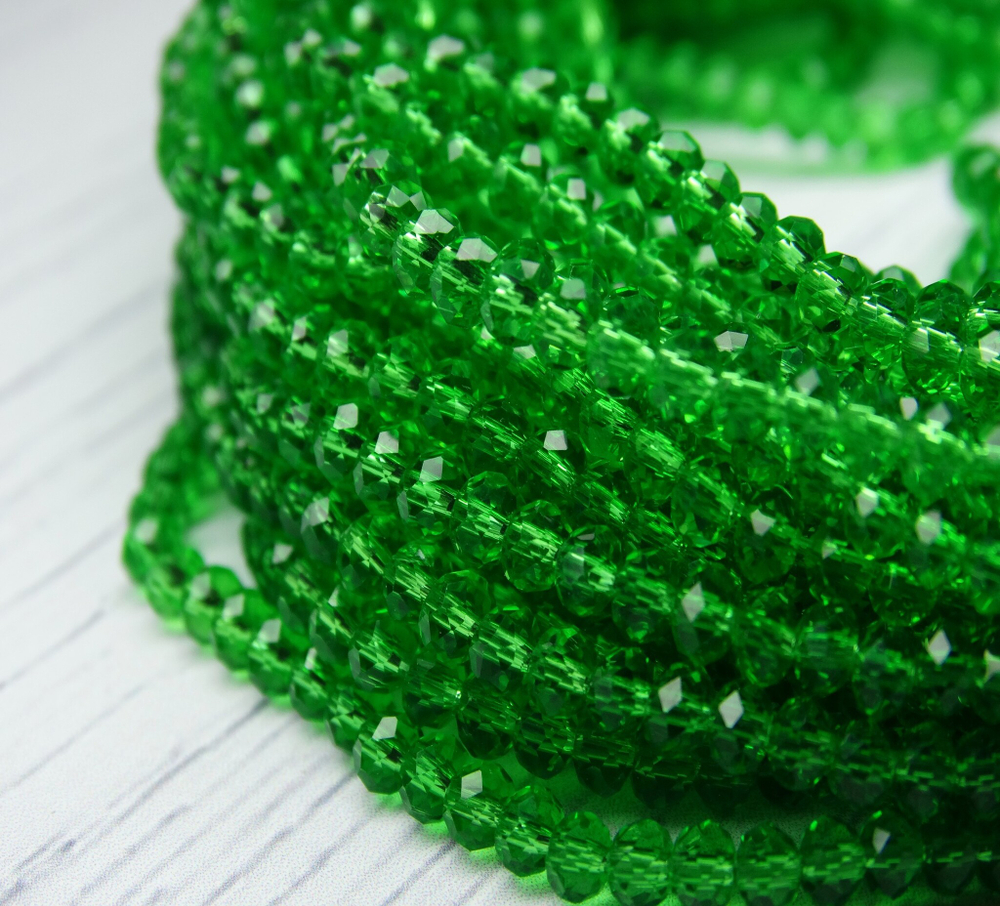 БП021НН23 Хрустальные бусины "рондель", цвет: зеленый прозрачный, 2х3 мм, кол-во: 95-100 шт.