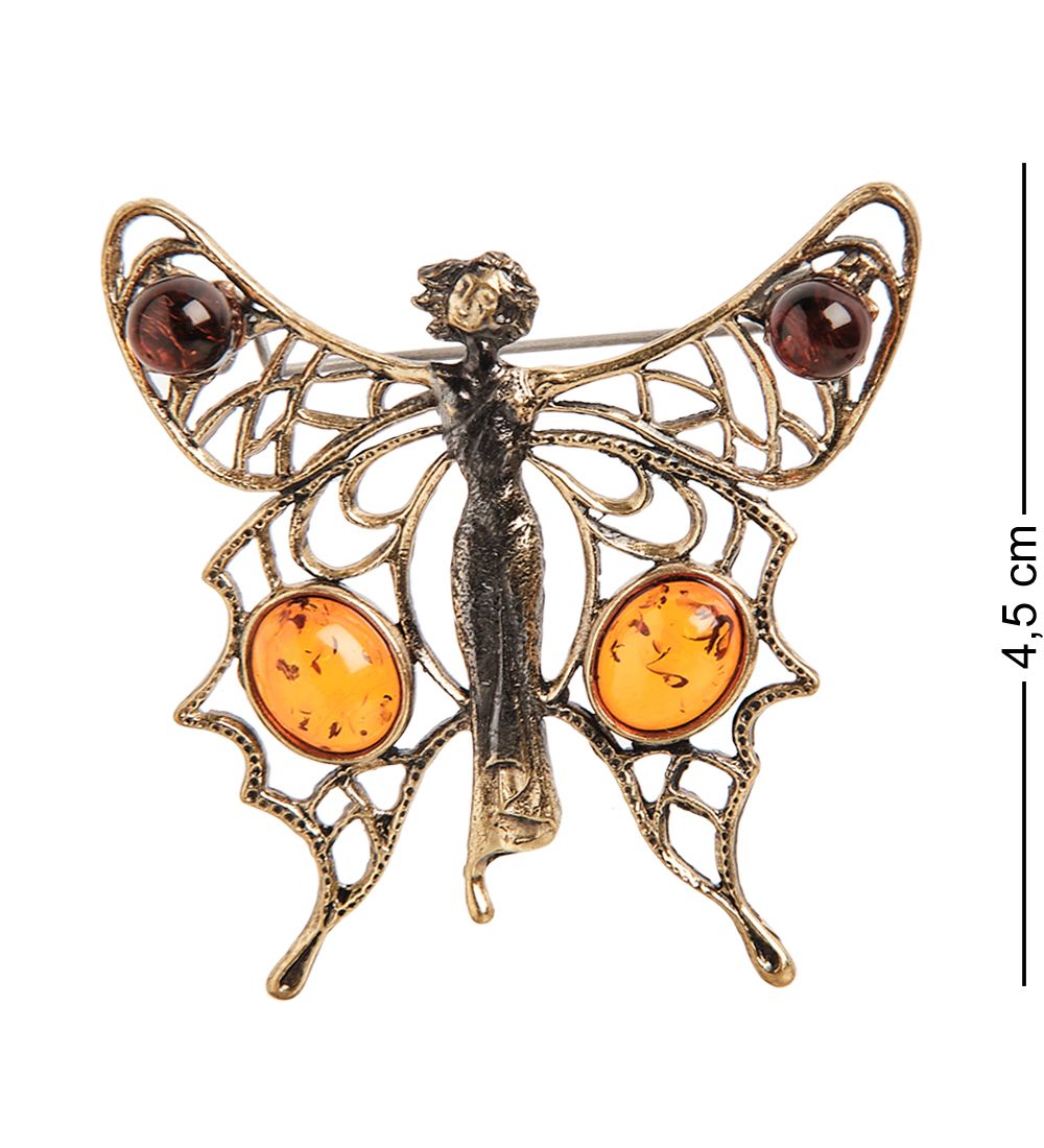AM-1656 Брошь «Бабочка Леди-мотылёк» (латунь, янтарь)