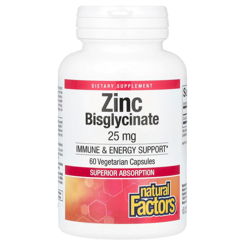 Natural Factors, Бисглицинат цинка, 25 мг, 60 вегетарианских капсул
