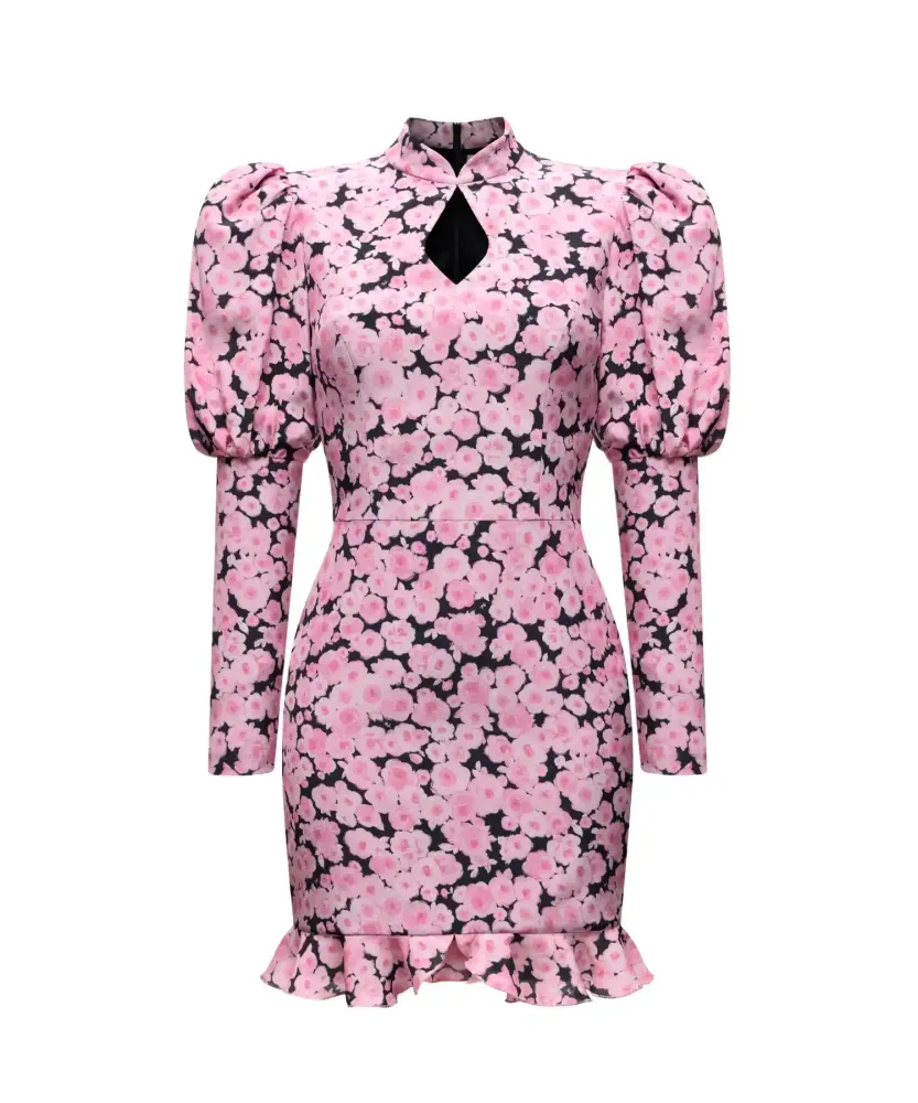 Giannetta mini, платье мини черное из крепдешина со средними розовыми цветами