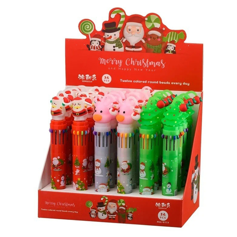 Ручка шариковая, автоматическая, 12в1, Basir, серия "Новогодние", 12-ти цветная, с резиновой фигуркой, 24 шт