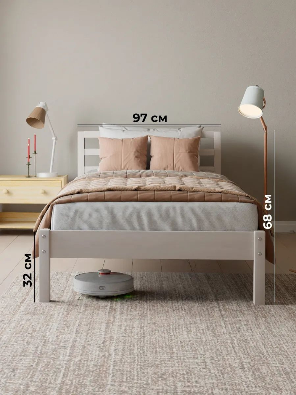 Кровать односпальная 90х200 Тарва из массива сосны с основанием, белая с текстурой древесины