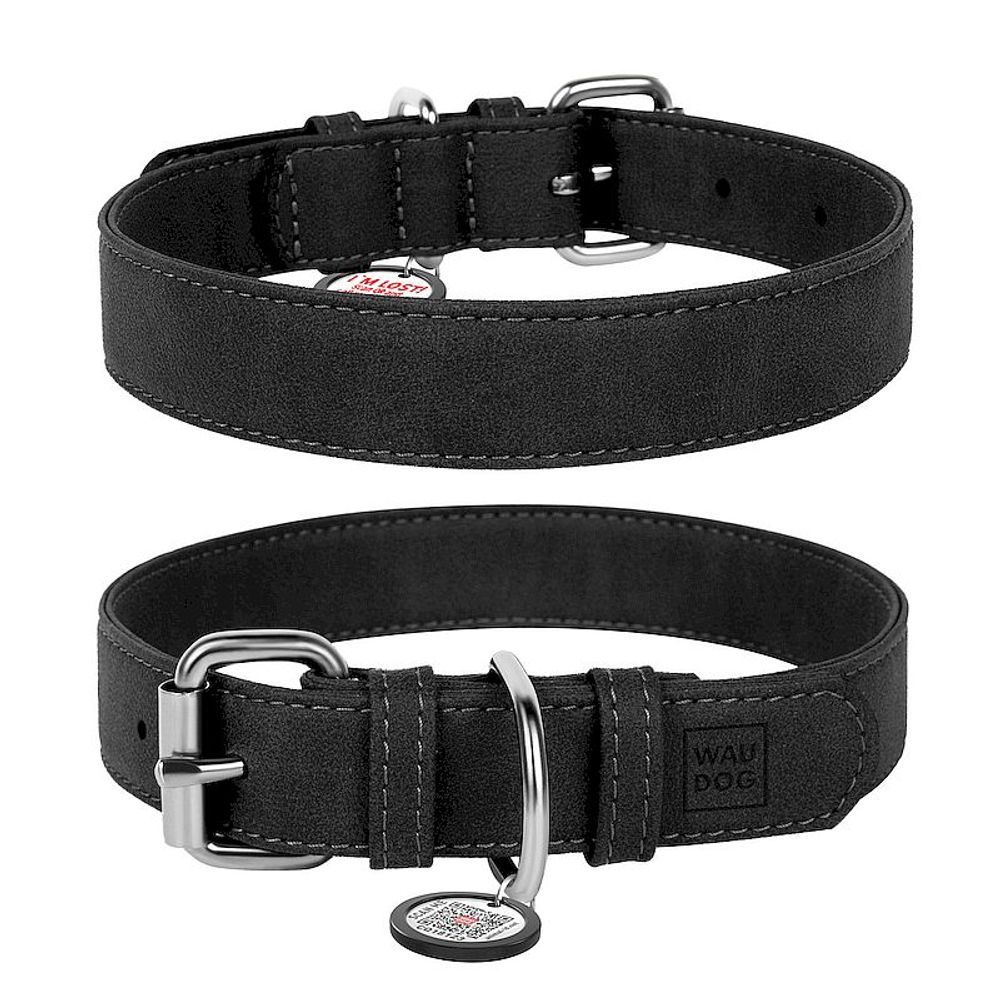 Ошейник для собак из искусственной кожи WAUDOG Eco с QR паспортом, XS, Ш 15 мм, Дл 27-36 см черный