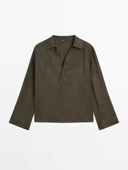 Massimo Dutti Блуза из струящейся ткани с воротником поло, антрацитово-серый