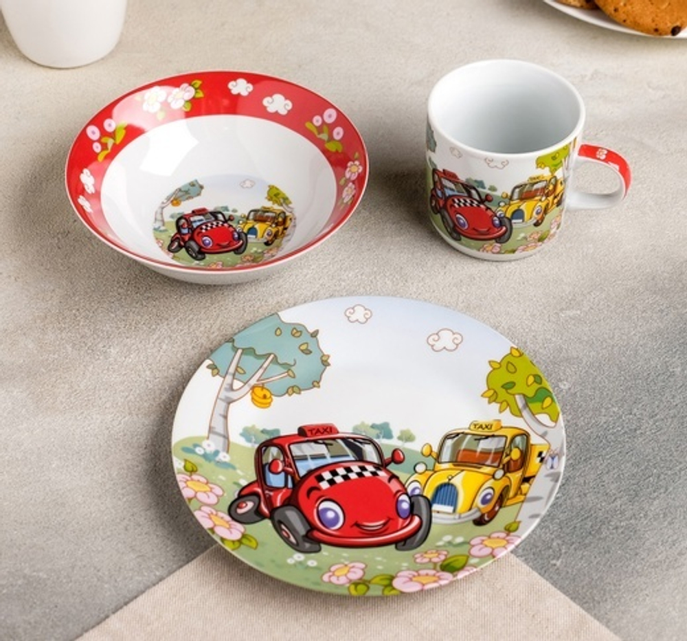 2480339 Набор детской посуды «Такси», 3 предмета: миска d=400 мл, тарелка, кружка 220 мл