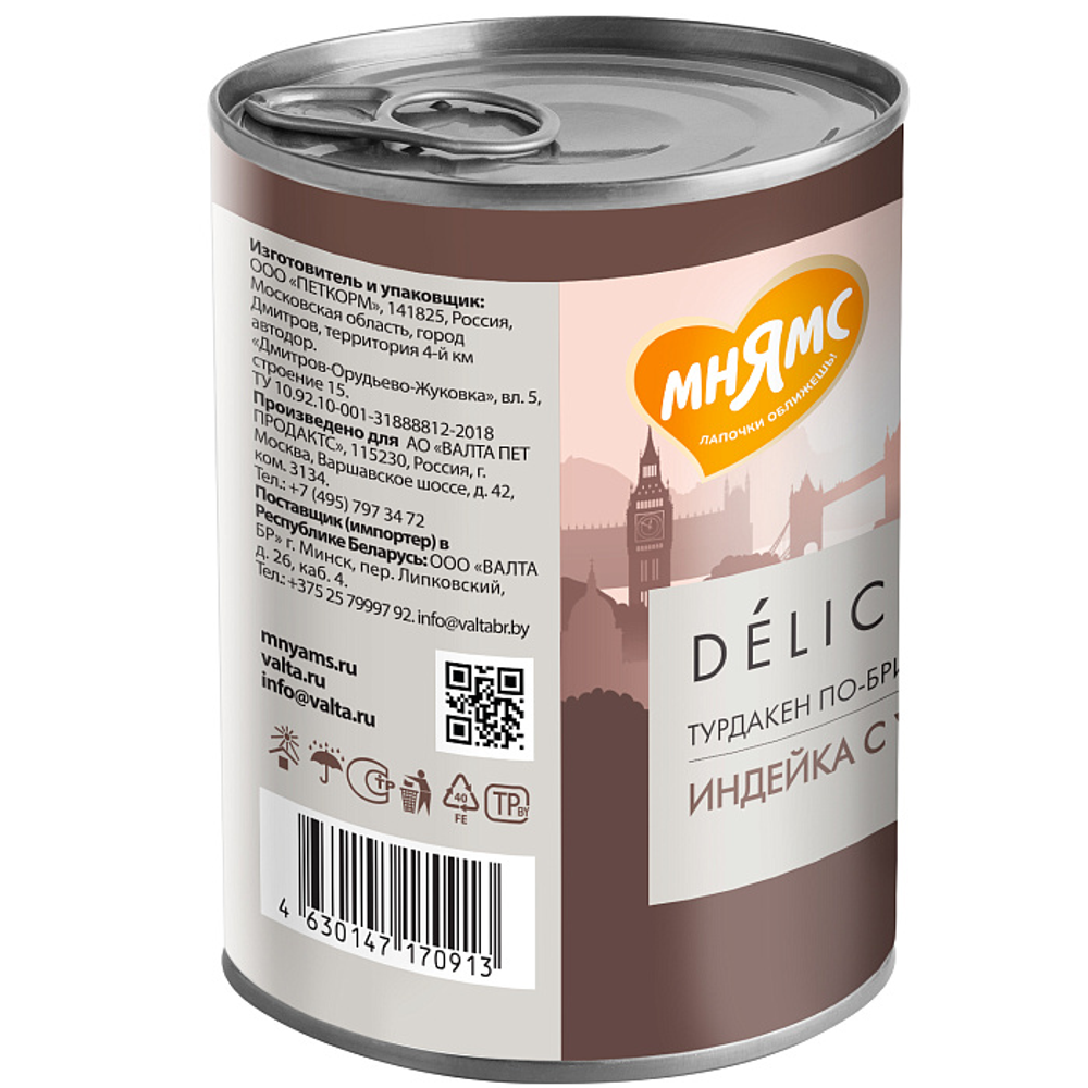 Влажный корм Мнямс Деликатес Паштет из индейки с уткой для собак всех пород "Турдакен по-британски" 400 г