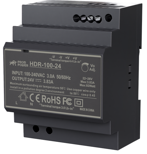 Источник питания PROMPOWER HDR-100-24, на вых. 24 В DC, 3.83А, 92Вт. Вх. 85-264В AC (120-370 В DC)