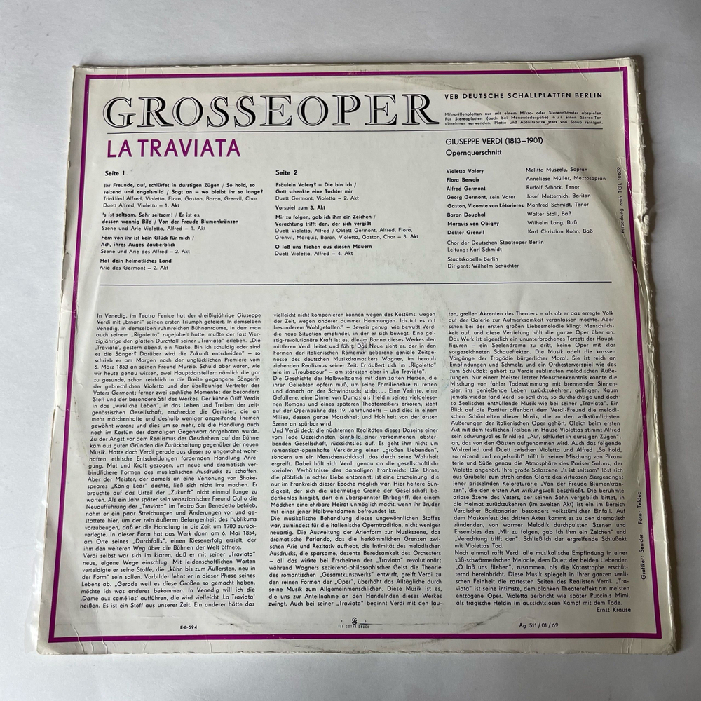 Винтажная виниловая пластинка LP Giuseppe Verdi Верди, Melitta Muszely, Rudolf Schock, Josef Metternich, Chor der Deutschen Staatsoper Berlin La Traviata Травиата (ГДР 1967)