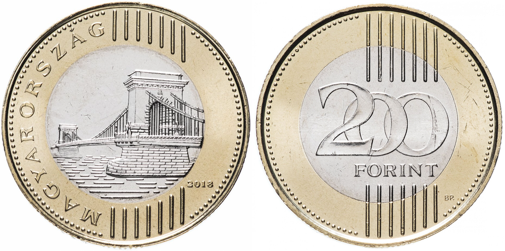 Венгрия 200 форинтов, 2012-2025 Мост Сеченьи XF