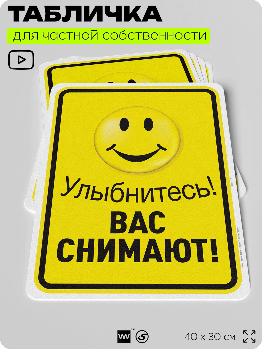 Табличка для частной территории "Улыбнитесь, вас снимают", на дом, для участка, организаций и частных территорий, предупреждающая, 40х30 см, Silver Plane x Айдентика Технолоджи