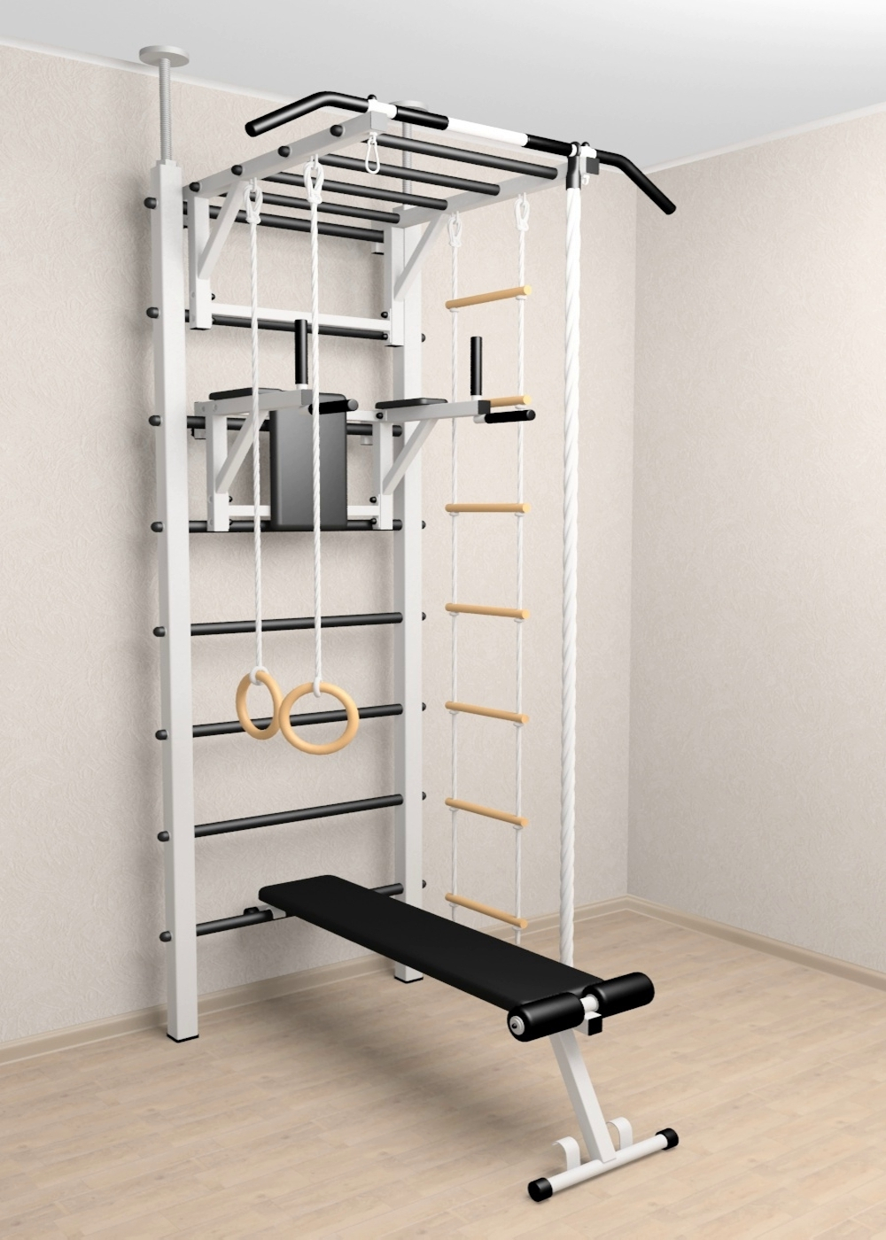 Шведская стенка Sv Sport враспор (Турник рукоход/Брусья/Скамья/Канат/Кольца/Лестница)