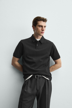 ZARA ПОЛО REGULAR FIT С РЕЛЬЕФНОЙ СТРУКТУРОЙ, ЧЕРНЫЙ