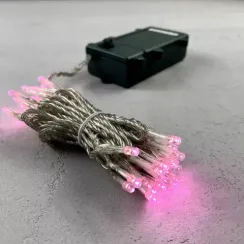 Светодиодная гирлянда 10 м., 3 батарейки типа D 4.5V, 100 LED ламп светло розового цвета, таймер, прозрачный провод, LTC (EST100-4W10-8BP)
