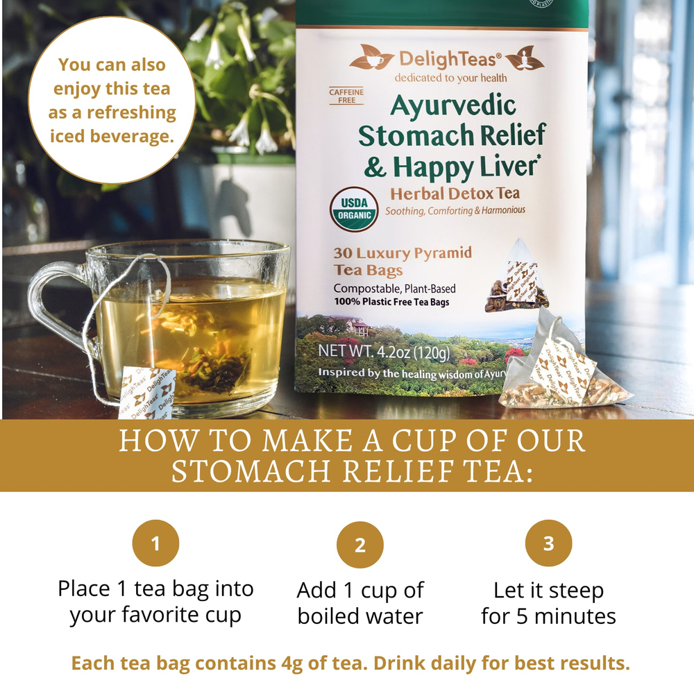 DelighTeas, Ayurvedic Stomach Relief & Happy Liver, травяной чай для выведения токсинов, без кофеина, 30 роскошных чайных пакетиков Pyramid, 120 г (4,2 унции)