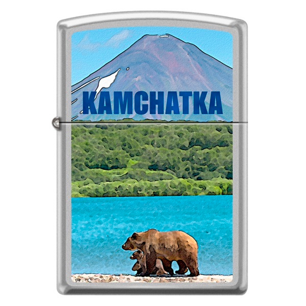 Зажигалка серебристая матовая Zippo Камчатка с покрытием Satin Chrome