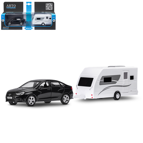 Модель 1:43, LADA VESTA черная + дом на колесах, открываются 2 двери, инерция