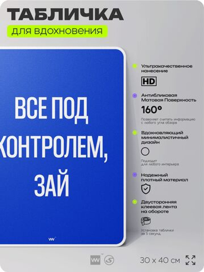 Табличка мотивационная большая "Всё под контролем, зай", аффирмация, для интерьера, 30х40 см, пластиковая, Айдентика Технолоджи