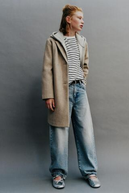 ZARA БАЗОВОЕ ПАЛЬТО ИЗ ШЕРСТЯНОЙ ТКАНИ, СВЕТЛО-БЕЖЕВЫЙ