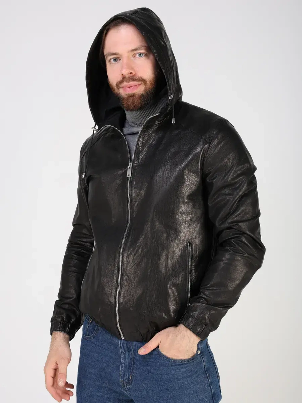 Кожаная куртка демисезонная с капюшоном