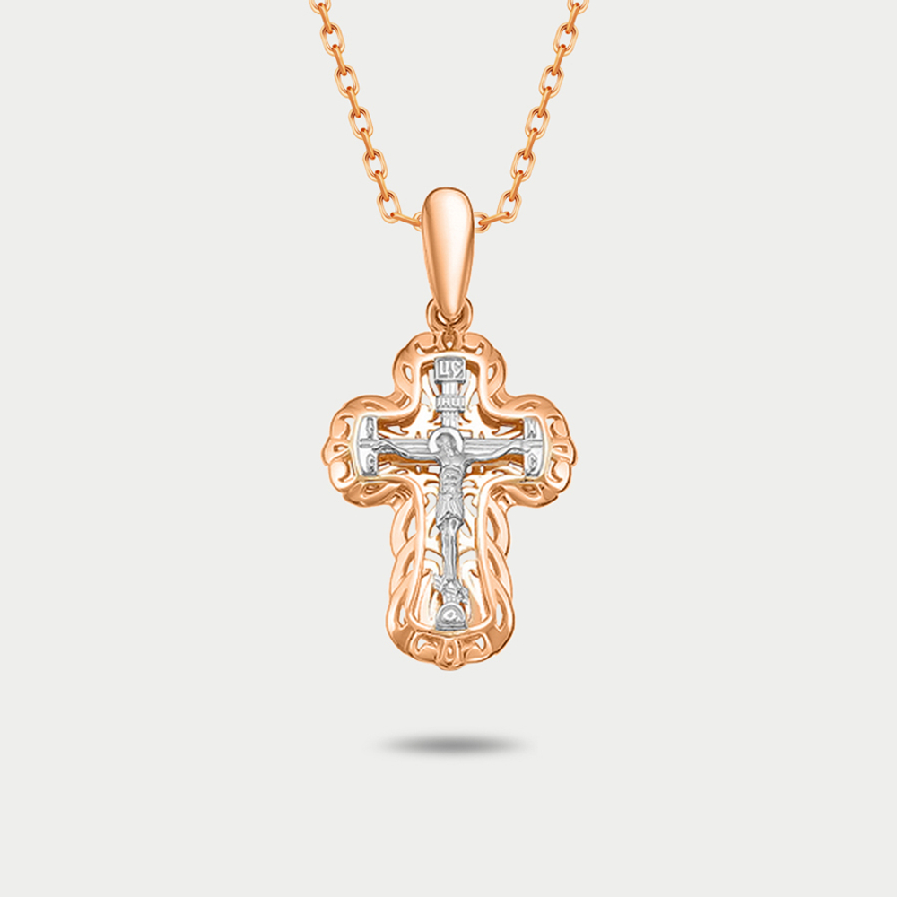 Крест женский православный из комбинированного золота 585 пробы без вставок (арт. 080635)