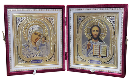 Складень средний: бархатный (цвет в ассорт.), белый багет, сине-серебрянный лик (23х19,5)