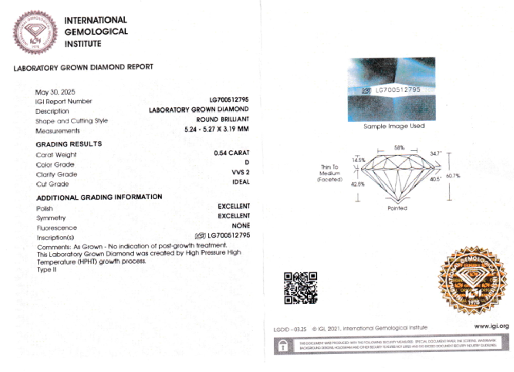 Лабораторно-выращенный бриллиант Кр-57 5.24-5.27 мм D/VVS2 0.54 ct
