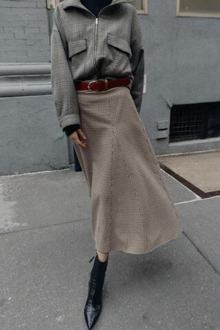 ZARA ЮБКА МИДИ-КЕЙП С РЕМНЕМ И УЗОРОМ «ГУСИНАЯ ЛАПКА», ЧЕРНЫЙ/ЭКРЮ