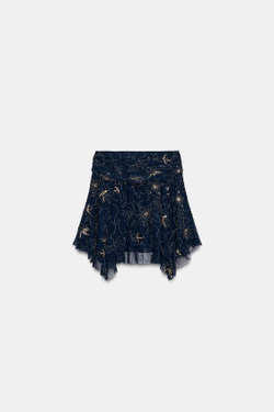 ZARA ЮБКА С ВЫШИВКОЙ И БИСЕРОМ, СИНИЙ