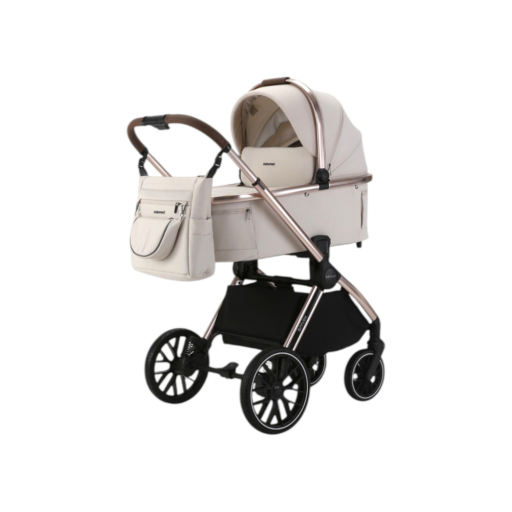 Детская универсальная коляска Adamex Spark SE 2в1 - Vanilla Champagne (Светло-бежевая ткань, шампань рама)