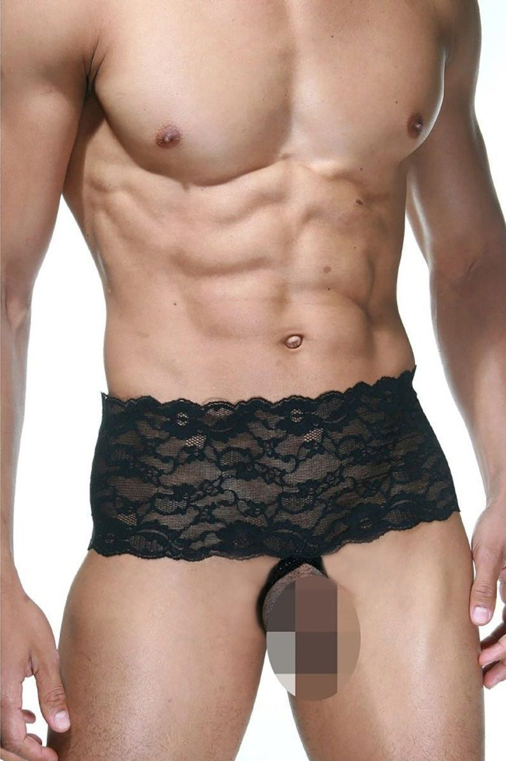 Мужские трусы с открытой интимной зоной и широким кружевным поясом (Размер: L-XL) (Цвет: черный)