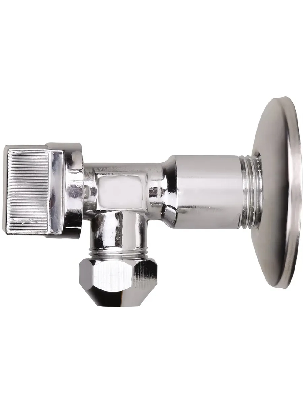 Кран латунный шаровый угловой 1/2" х 3/8" хромированный с отражателем, наружная резьба-цанга