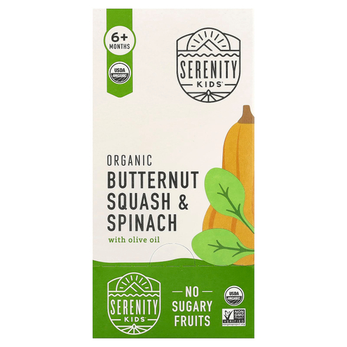 Serenity Kids, органическая мускатная тыква и шпинат с оливковым маслом, для детей от 6 месяцев, 6 паучей по 99 г (3,5 унции)