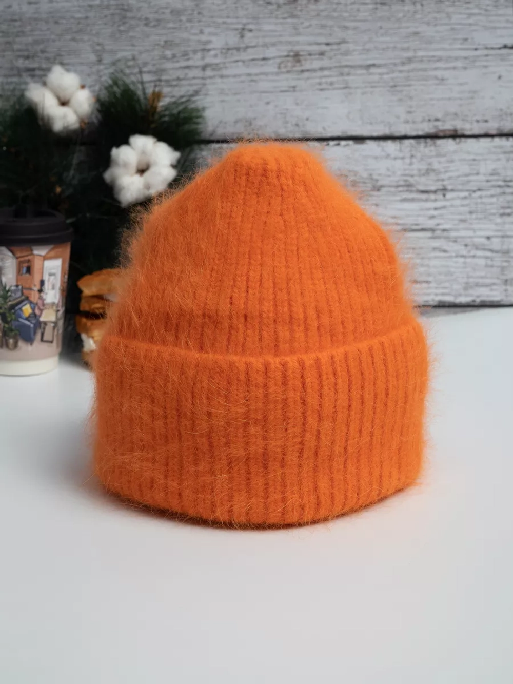шапка вязаная бини ангора теплая демисезонная с отворотом
