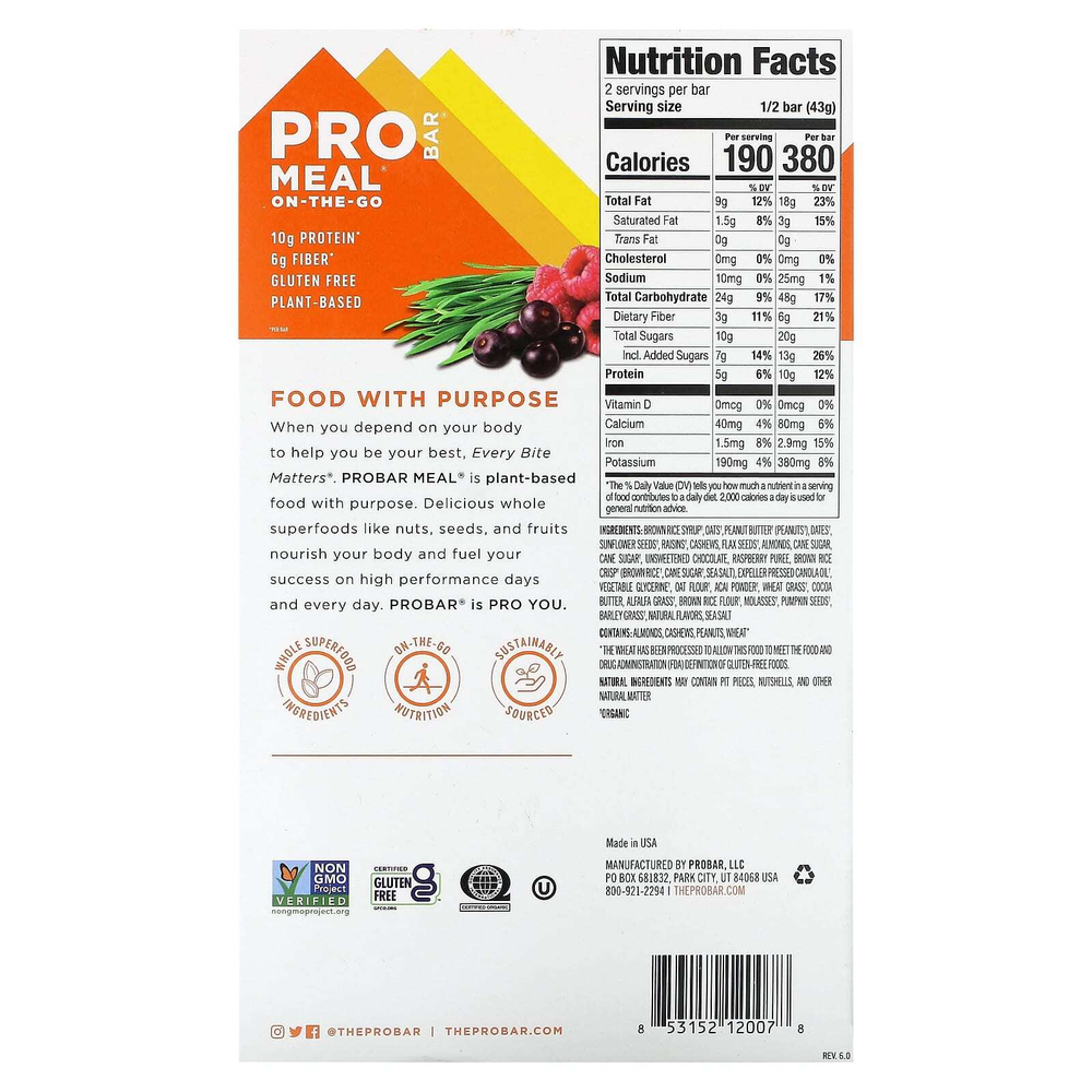 ProBar, Meal On the Go, суперфуды, 12 батончиков по 85 г (3 унции)