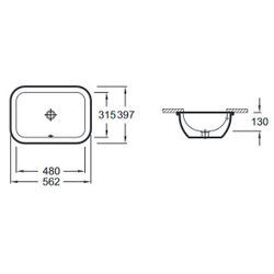 Раковина встраиваемая снизу  Jacob Delafon Vox 56,2 х 39,7 с переливным отверстием EYA102-00 схема
