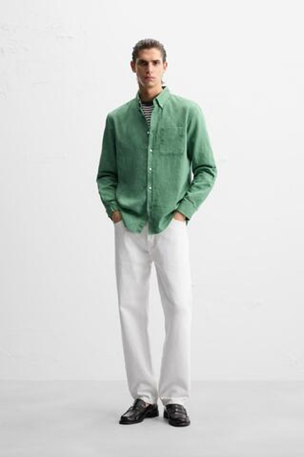 ZARA РУБАШКА ИЗ ХЛОПКА И ЛЬНА, ЗЕЛЕНЫЙ
