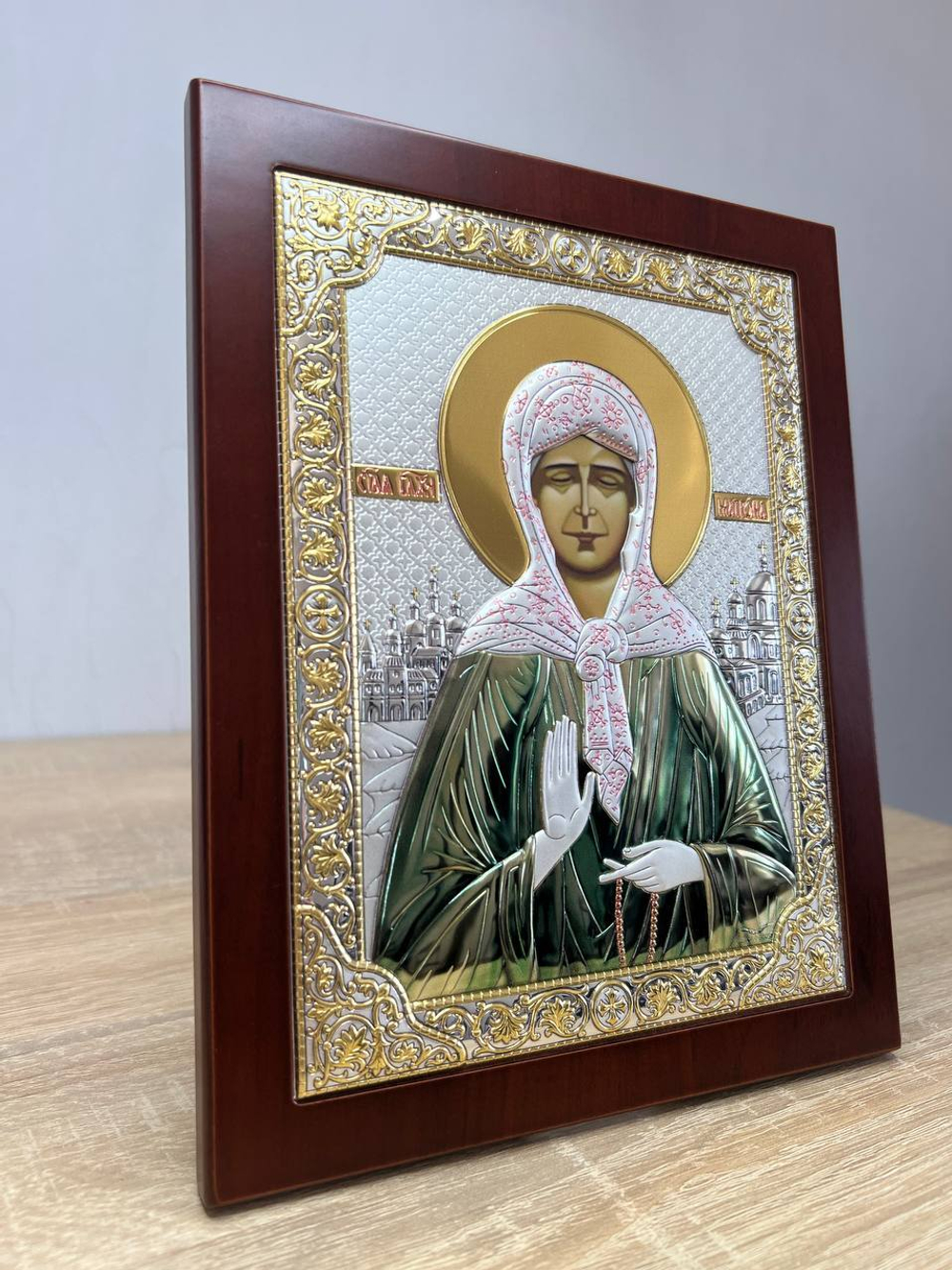 Матрона, икона прямоугольная с рамкой, красное дерево, эмаль 210х260