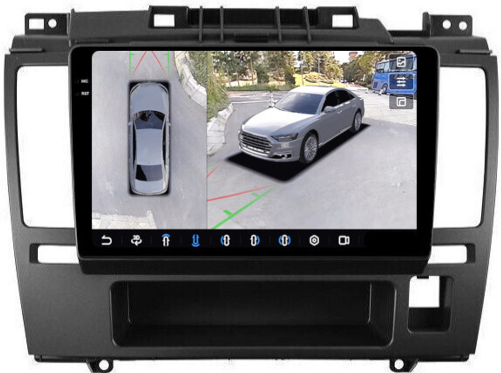 Магнитола для Nissan Tiida C11 2004-2013 (правый руль), Tiida Latio 2004-2012 (рамка графитовая) - FarCar BX1148M-360 монитор 9.5" 2K QLED на Android 13, 6Гб+128Гб, CarPlay, 4G SIM-слот, 4 камеры в комплекте