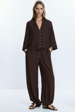 ZARA ШИРОКИЕ БРЮКИ ИЗ ТКАНИ БАМБУЛА, КОРИЧНЕВЫЙ